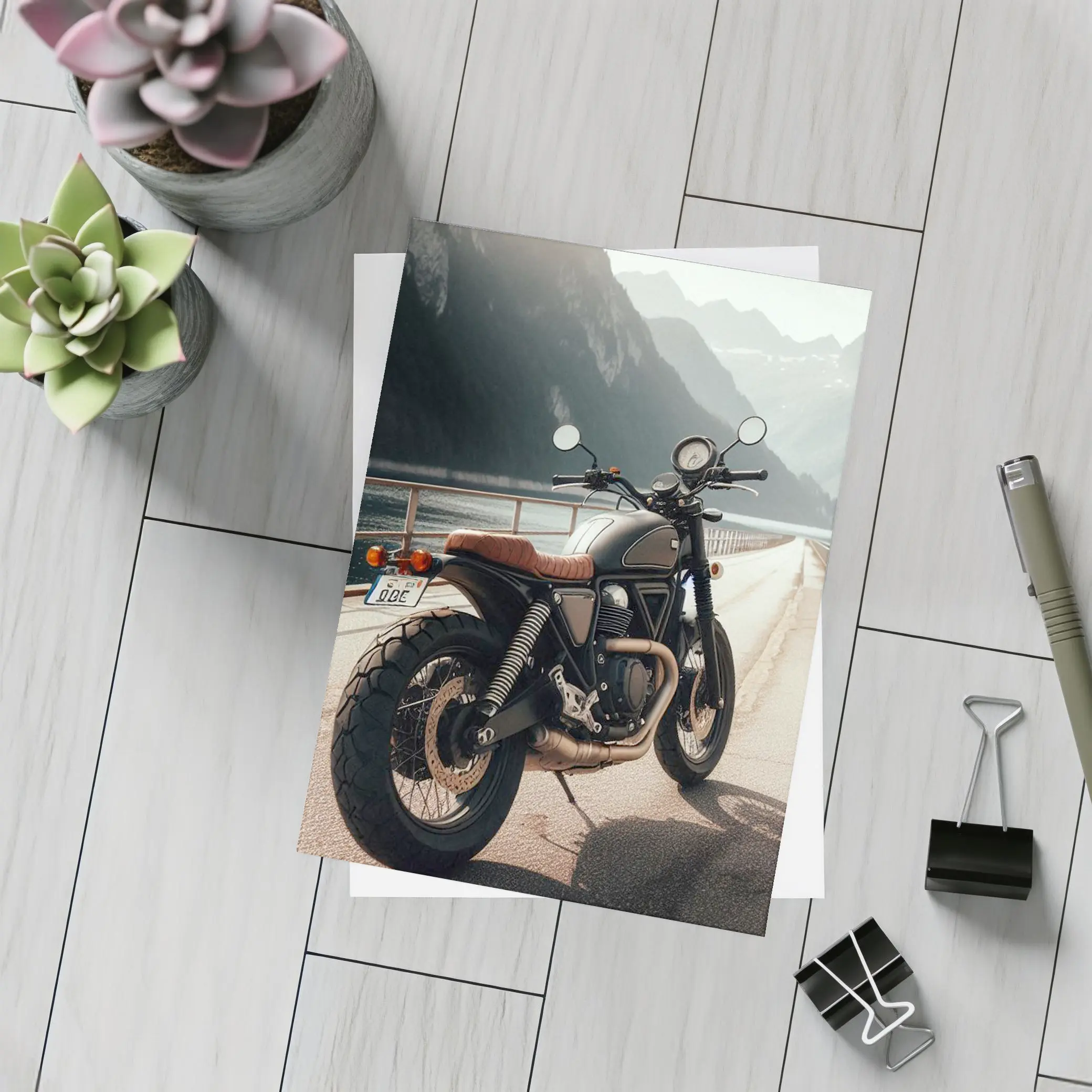 Scrambler Motorcycle Parked by Mountain Lake – Postcards