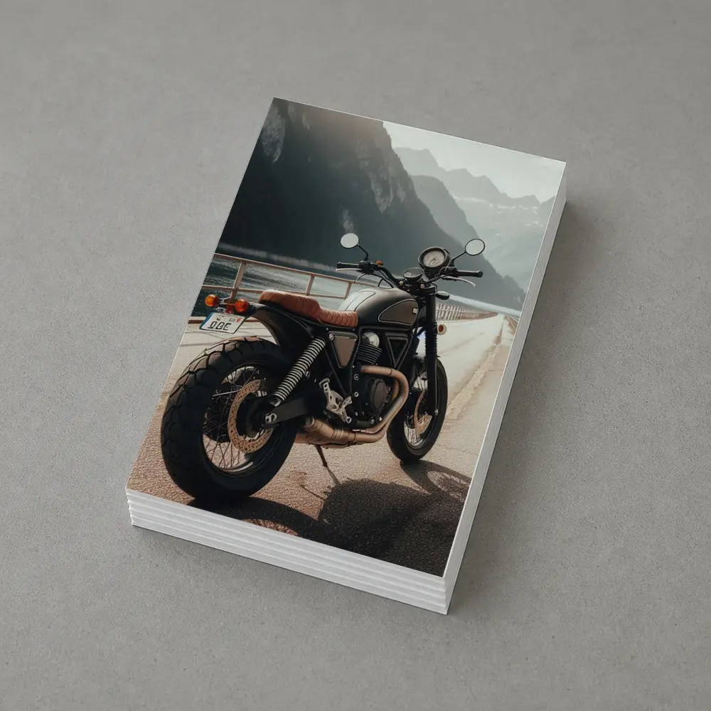 Scrambler Motorcycle Parked by Mountain Lake – Postcards