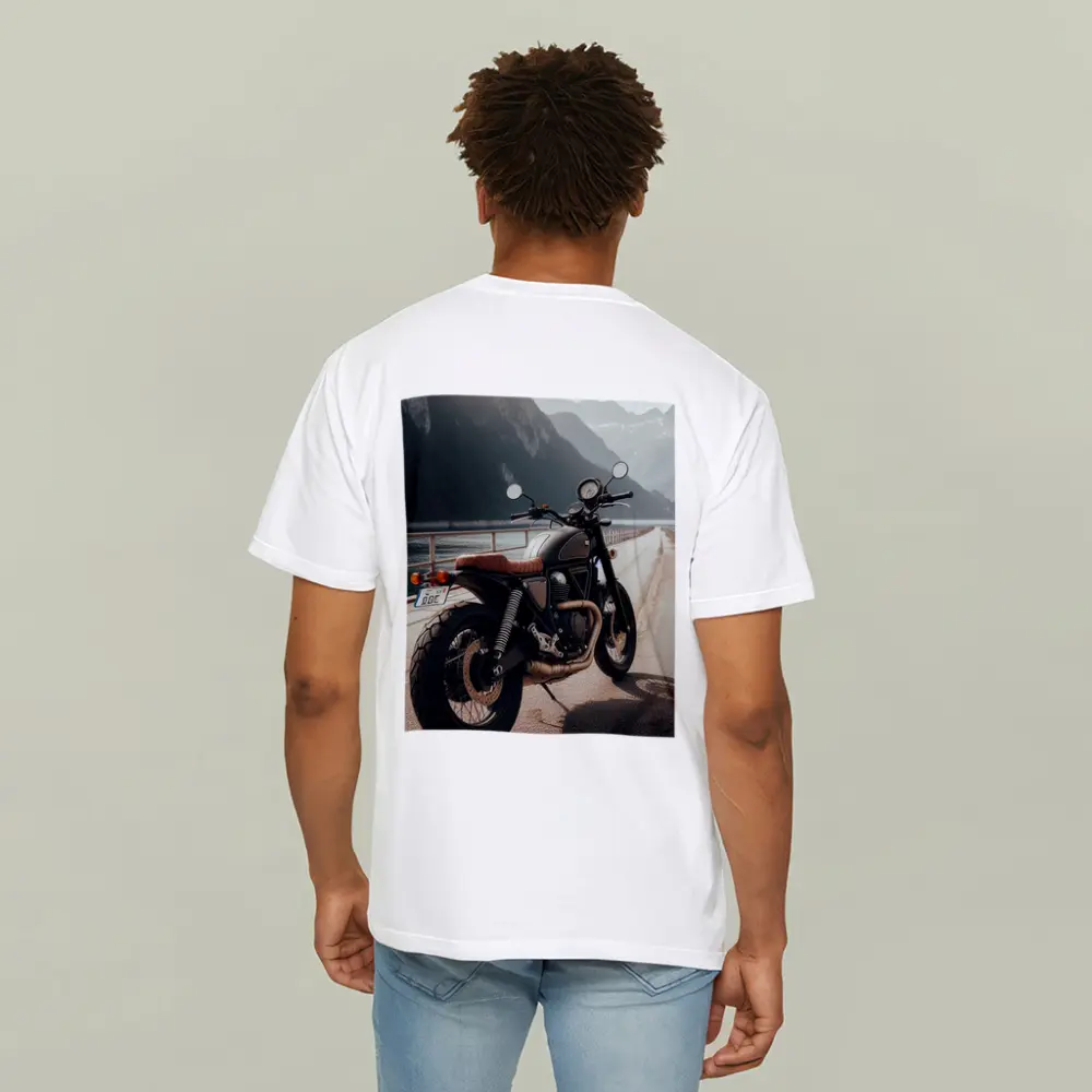 Scrambler Motorcycle Parked by Mountain Lake – T-Shirts