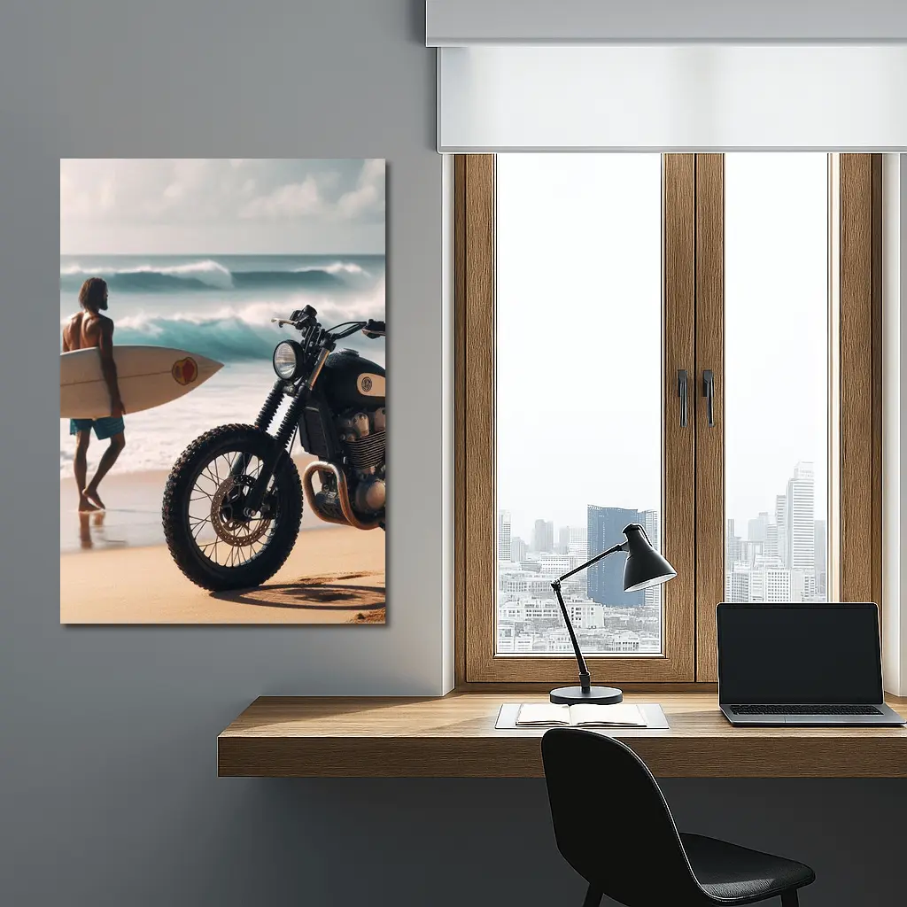 Scrambler Motorcycle Parked On Sunny Beach – Wall Art