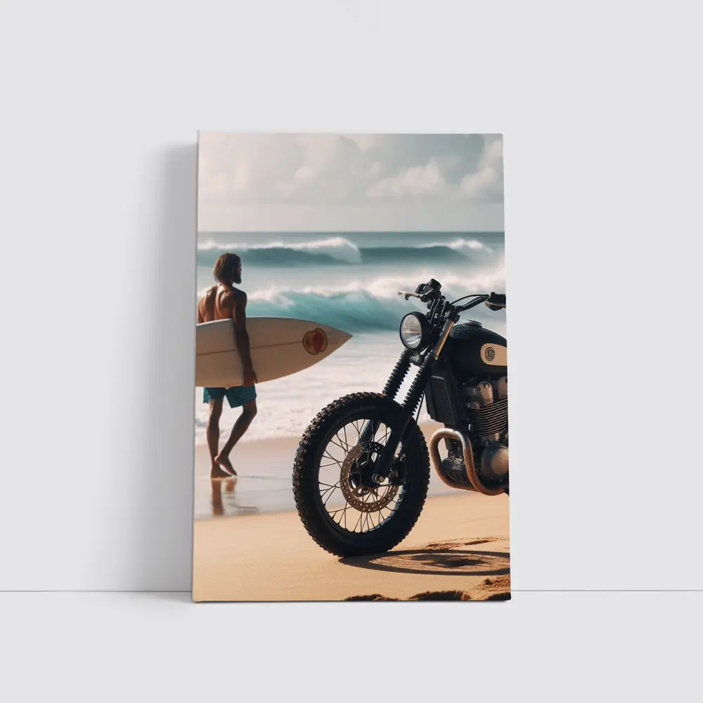 Scrambler Motorcycle Parked On Sunny Beach – Wall Art