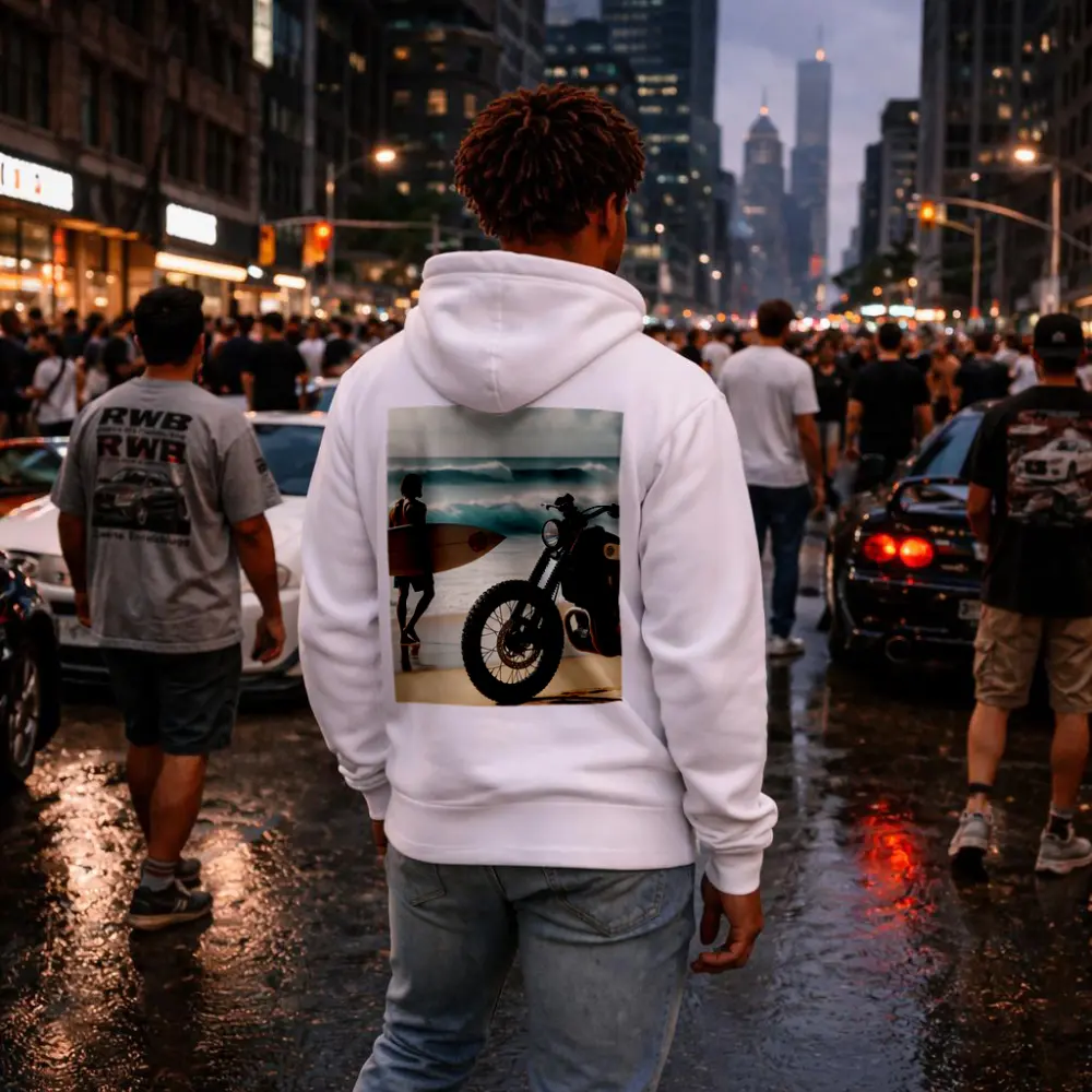 Scrambler Motorcycle Parked On Sunny Beach – Hoodies