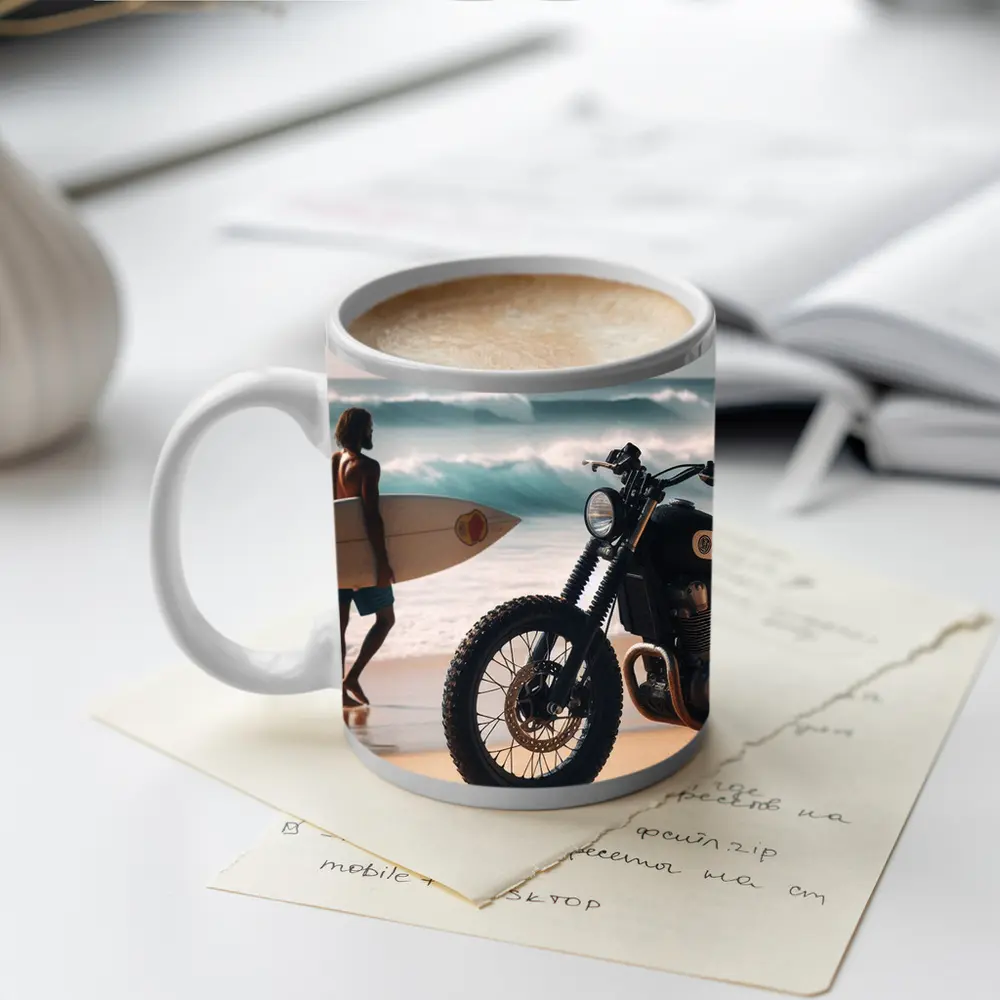 Scrambler Motorcycle Parked On Sunny Beach – Mugs