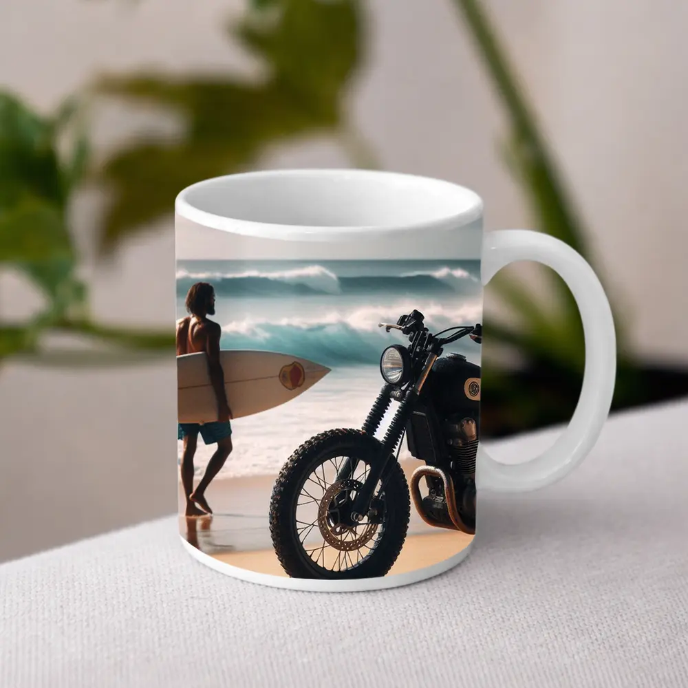 Scrambler Motorcycle Parked On Sunny Beach – Mugs