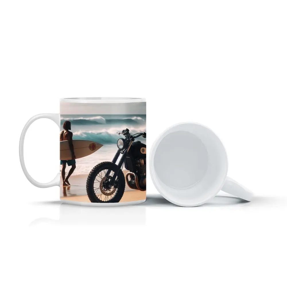 Scrambler Motorcycle Parked On Sunny Beach – Mugs