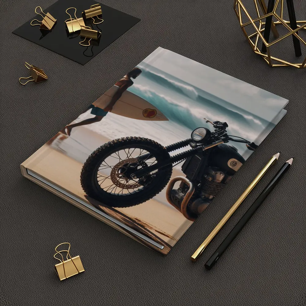 Scrambler Motorcycle Parked On Sunny Beach – Notebooks