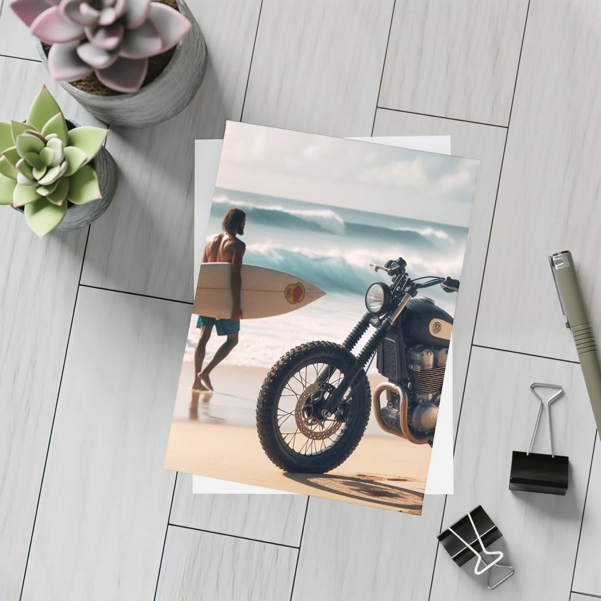 Scrambler Motorcycle Parked On Sunny Beach – Postcards