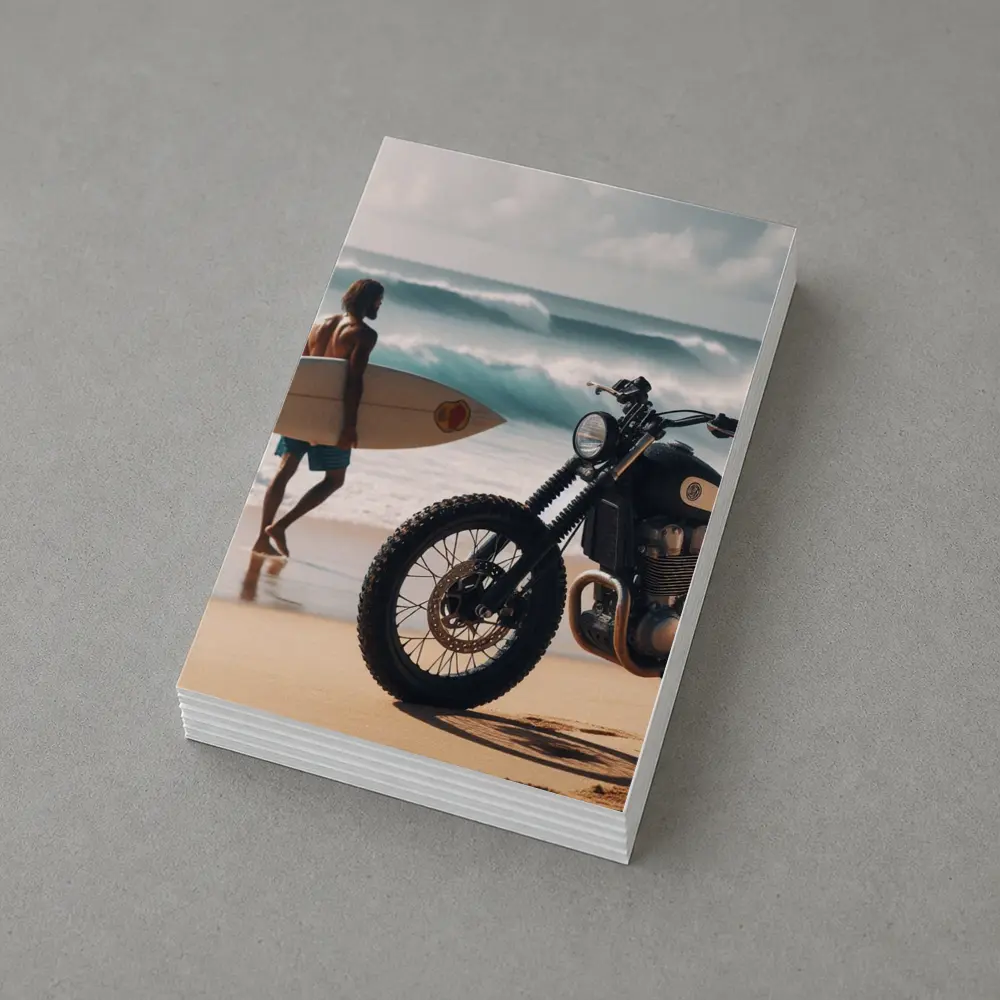 Scrambler Motorcycle Parked On Sunny Beach – Postcards