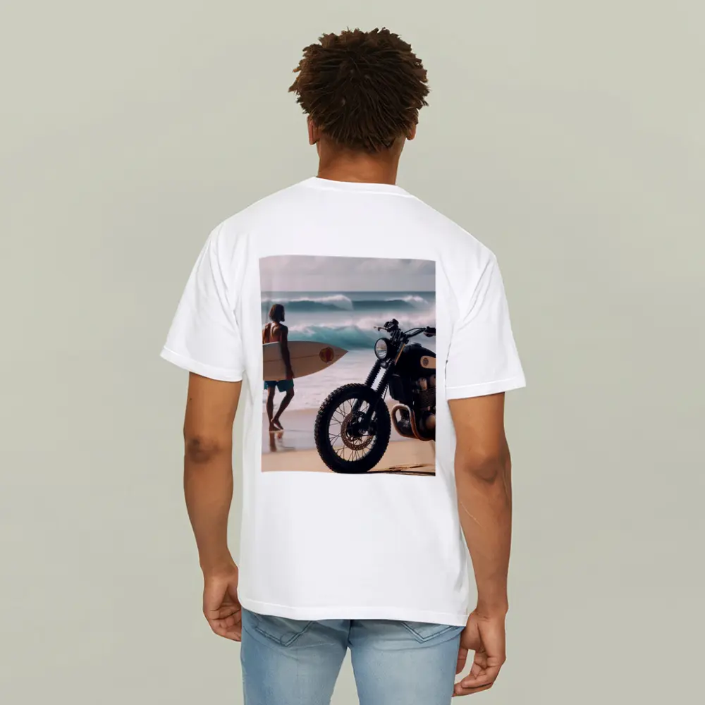Scrambler Motorcycle Parked On Sunny Beach – T-Shirts
