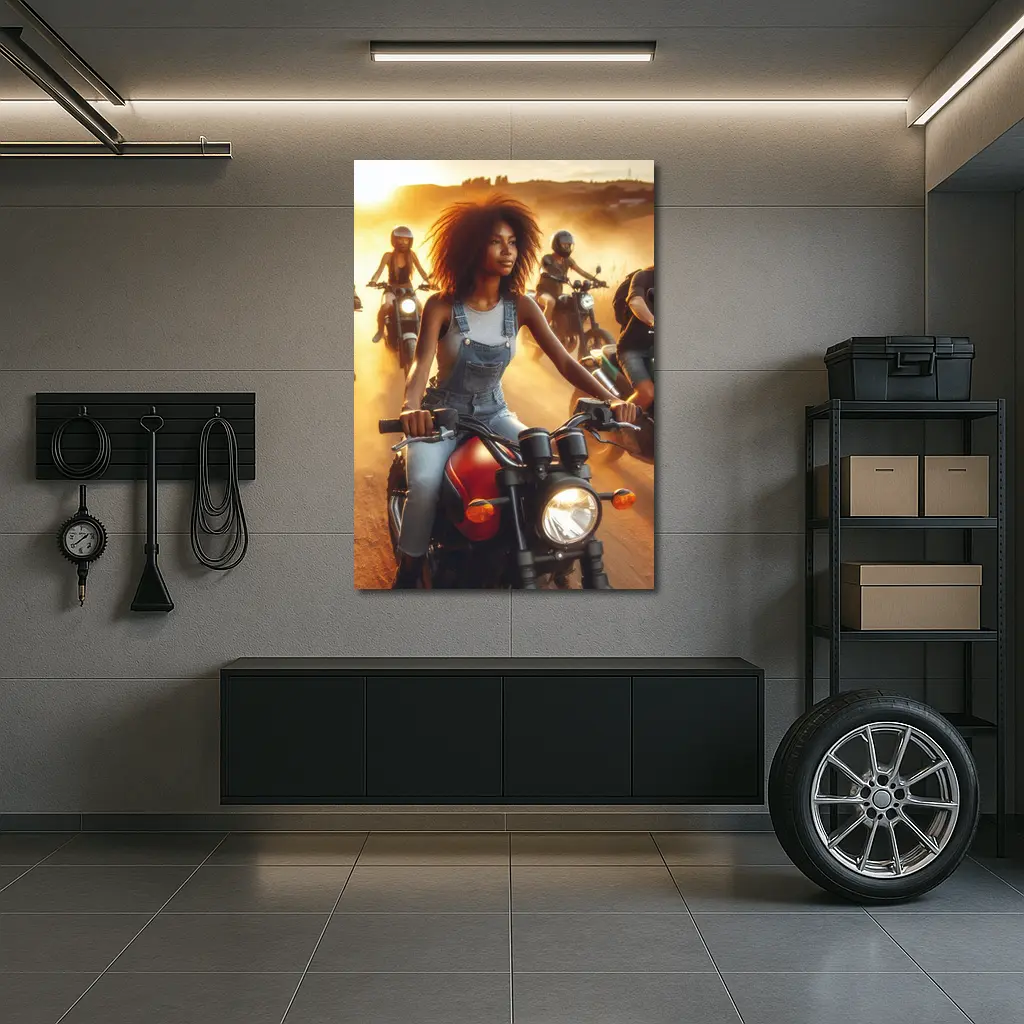Woman Riding Motorcycle Dusty Sunset Road – Wall Art