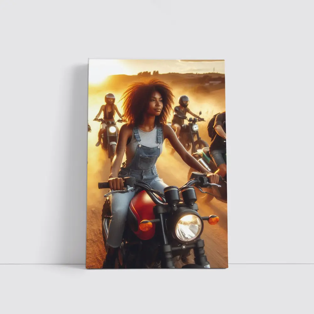 Woman Riding Motorcycle Dusty Sunset Road – Wall Art