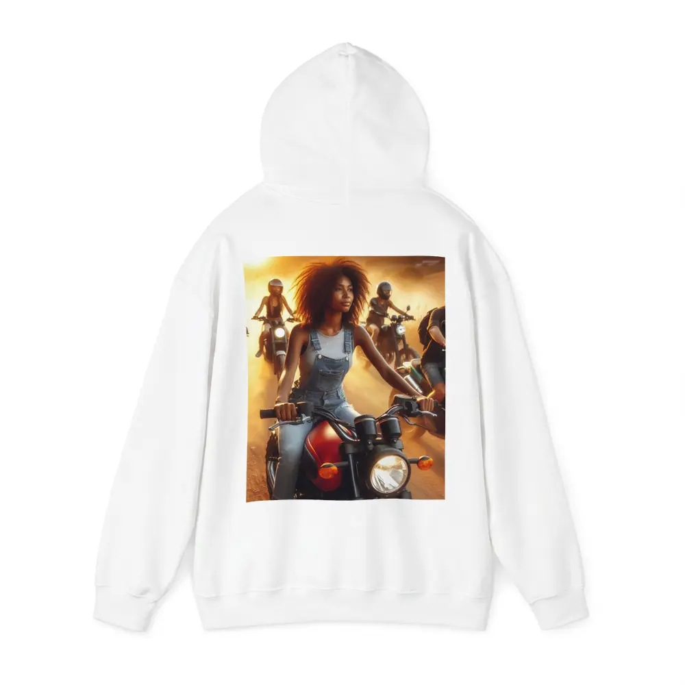 Woman Riding Motorcycle Dusty Sunset Road – Hoodies