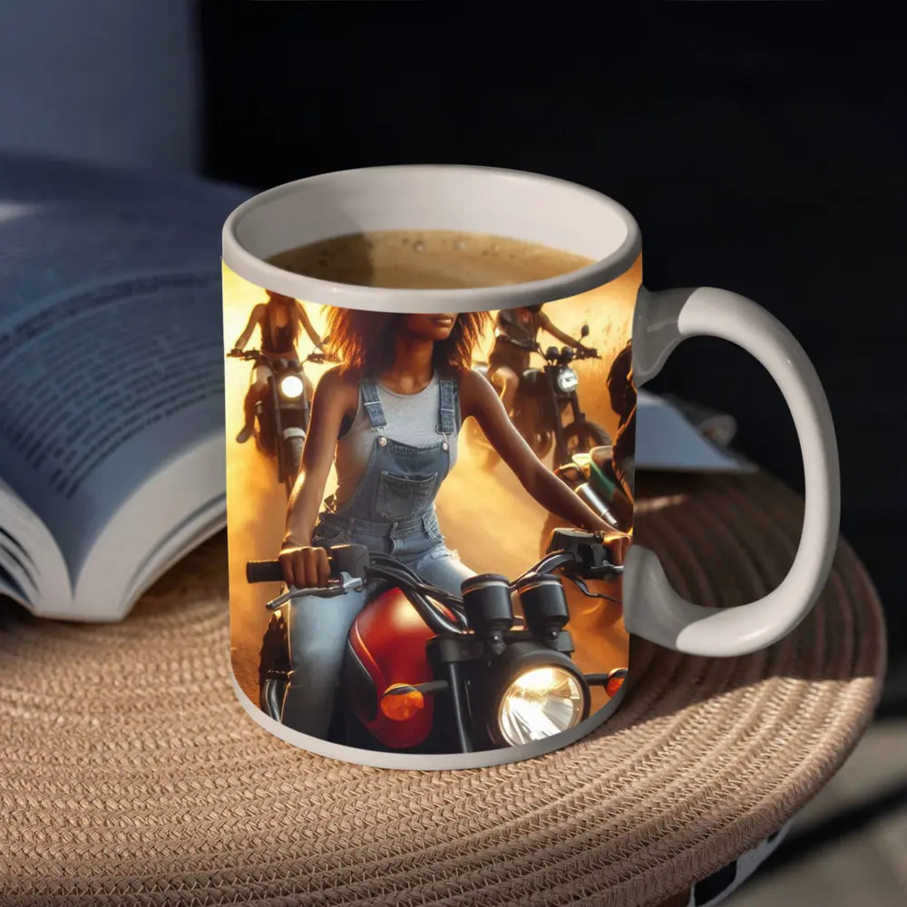 Woman Riding Motorcycle Dusty Sunset Road – Mugs