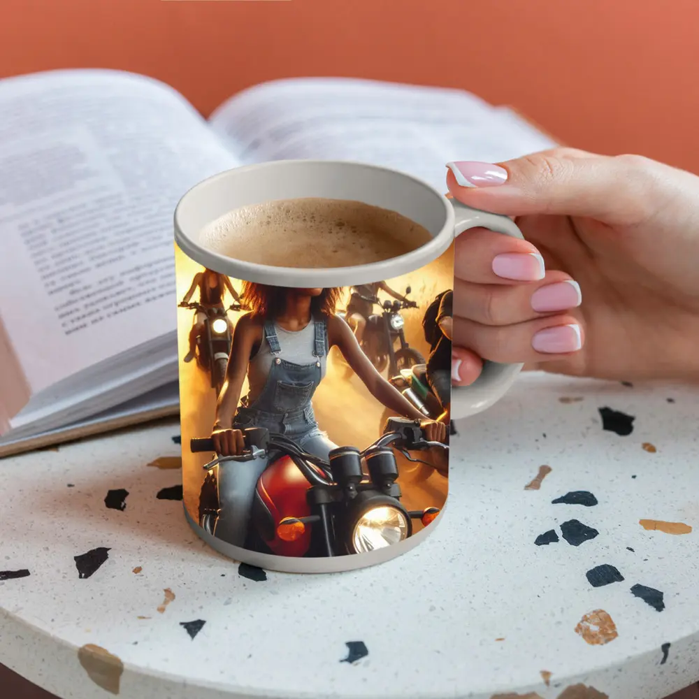 Woman Riding Motorcycle Dusty Sunset Road – Mugs