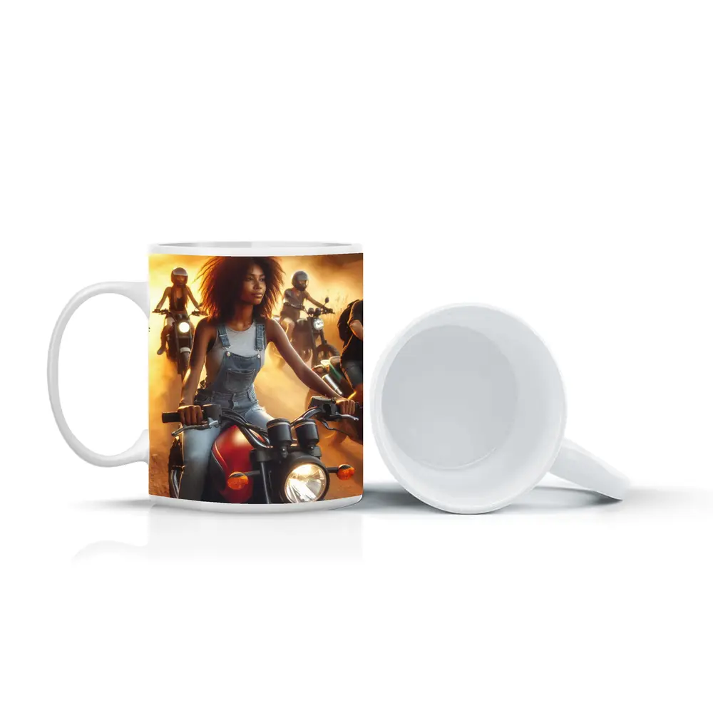 Woman Riding Motorcycle Dusty Sunset Road – Mugs
