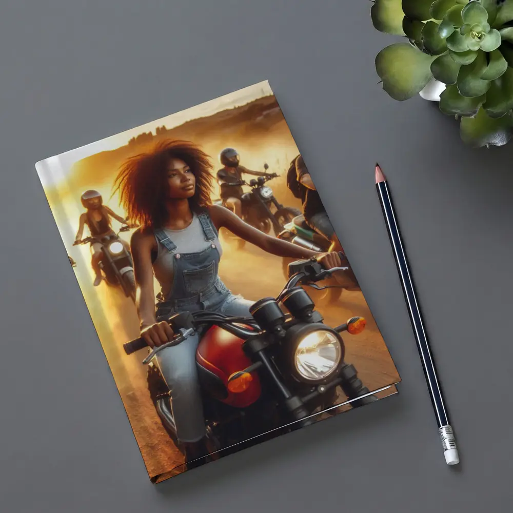 Woman Riding Motorcycle Dusty Sunset Road – Notebooks