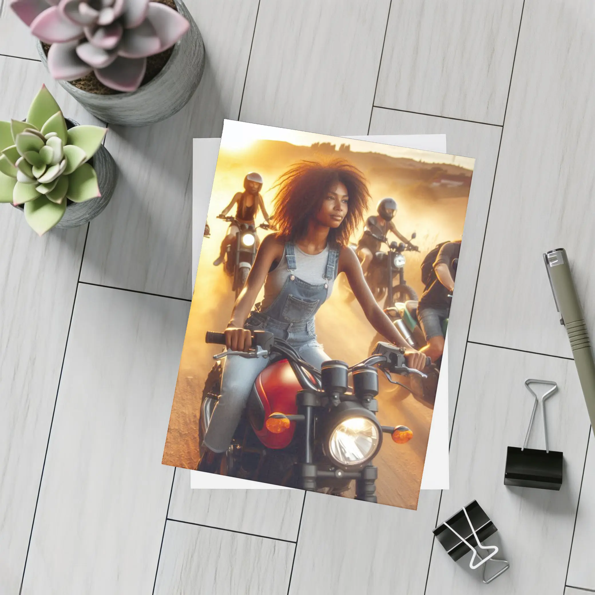Woman Riding Motorcycle Dusty Sunset Road – Postcards