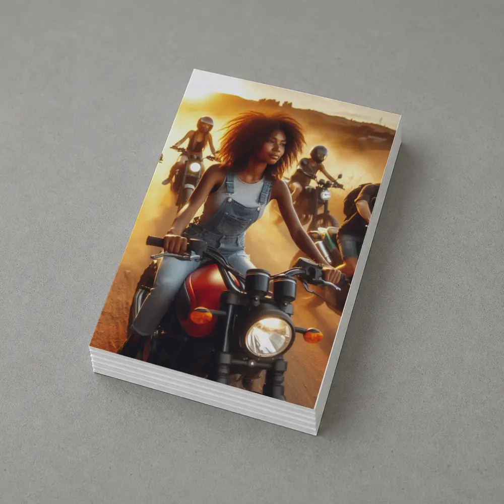 Woman Riding Motorcycle Dusty Sunset Road – Postcards