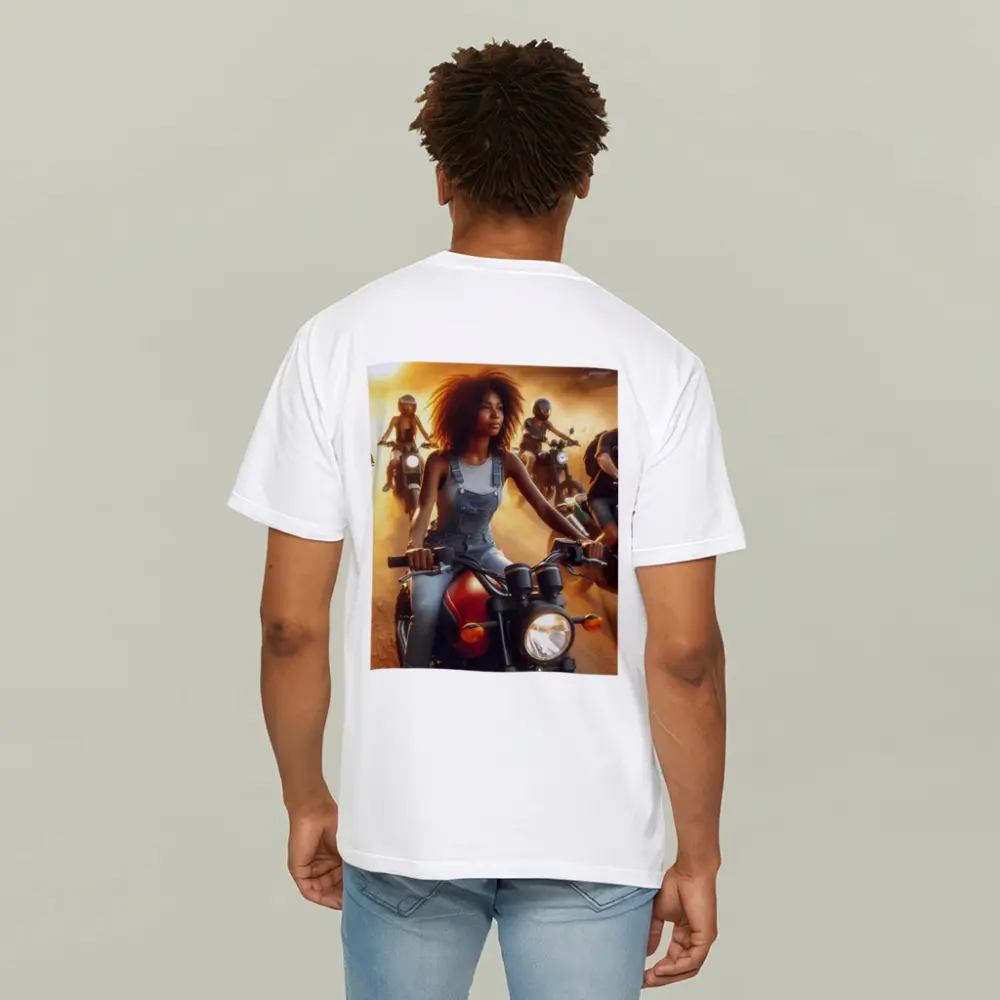 Woman Riding Motorcycle Dusty Sunset Road – T-Shirts