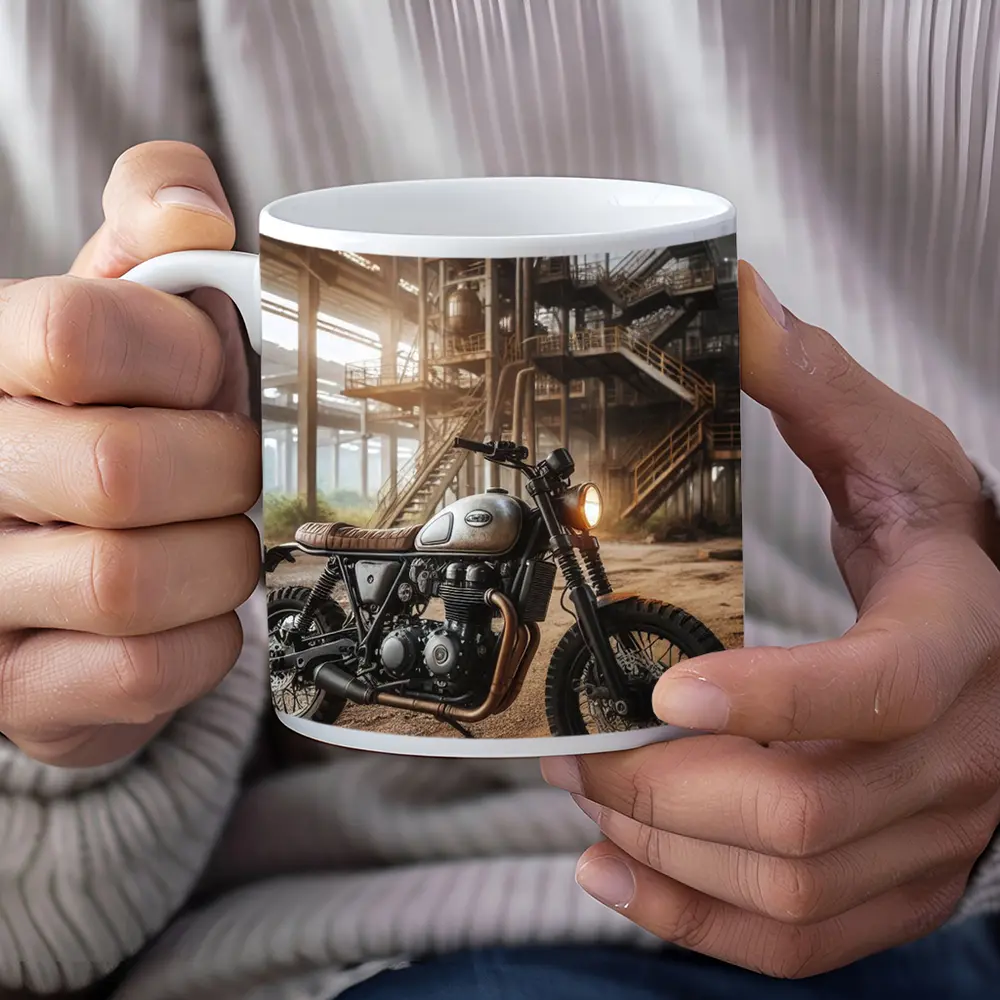 Scrambler Motorcycle Abandoned Industrial Warehouse – Mugs