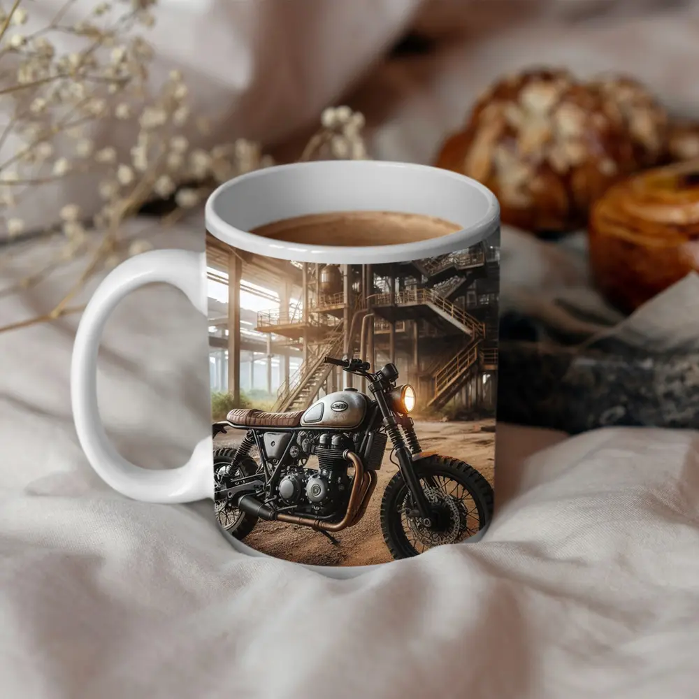Scrambler Motorcycle Abandoned Industrial Warehouse – Mugs