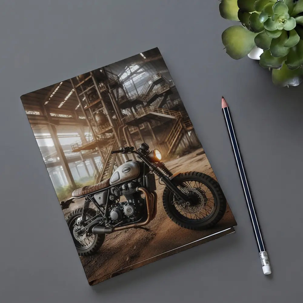 Scrambler Motorcycle Abandoned Industrial Warehouse – Notebooks