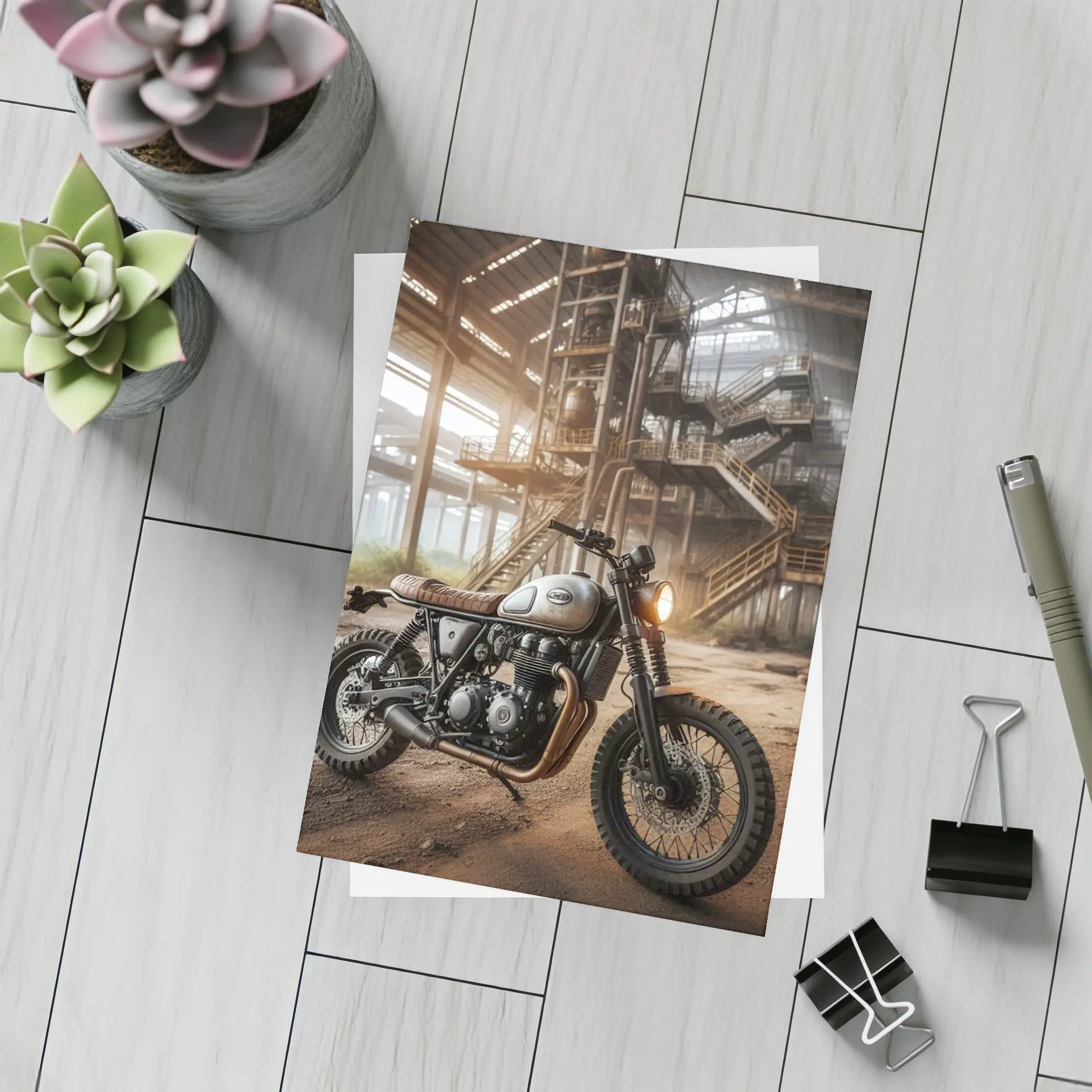 Scrambler Motorcycle Abandoned Industrial Warehouse – Postcards