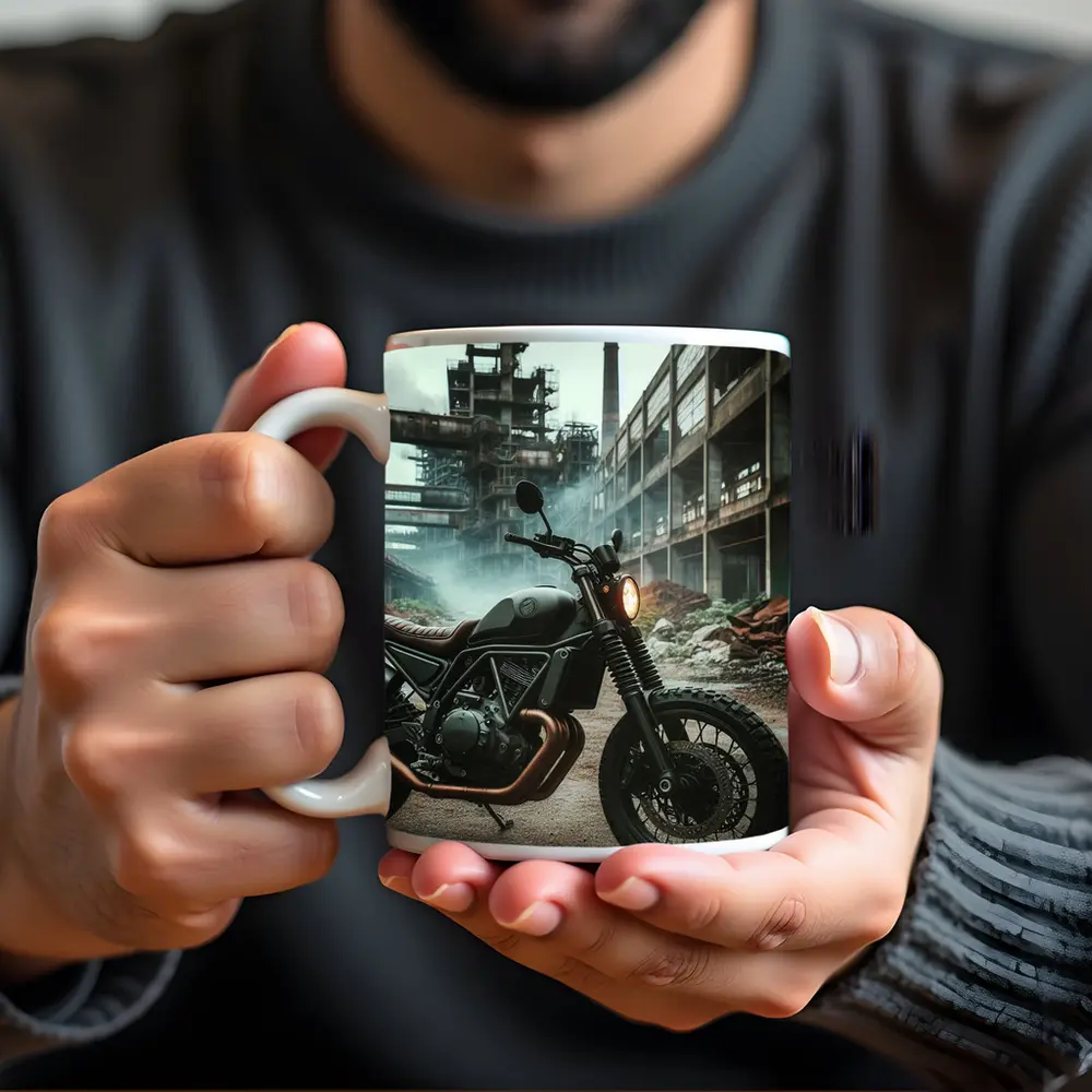 Scrambler Motorcycle Dark Industrial Abandoned Factory – Mugs
