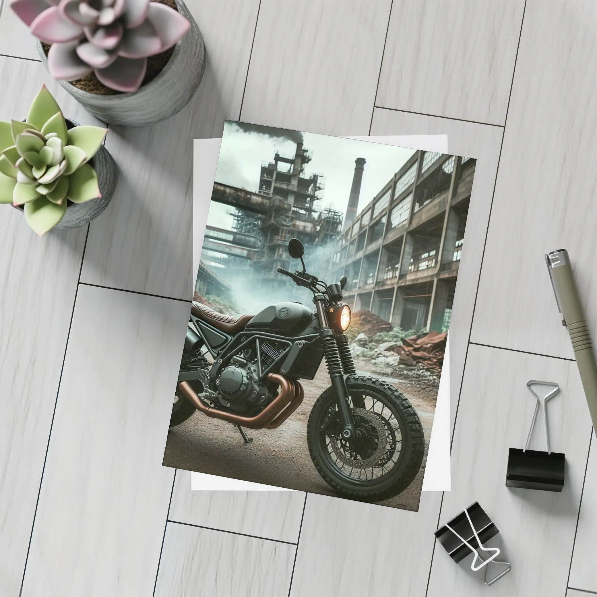 Scrambler Motorcycle Dark Industrial Abandoned Factory – Postcards