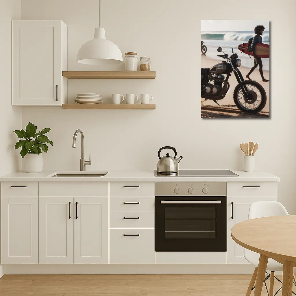 Scrambler Motorcycle Parked on Sunny Beach – Wall Art