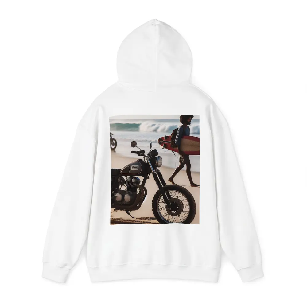 Scrambler Motorcycle Parked on Sunny Beach – Hoodies