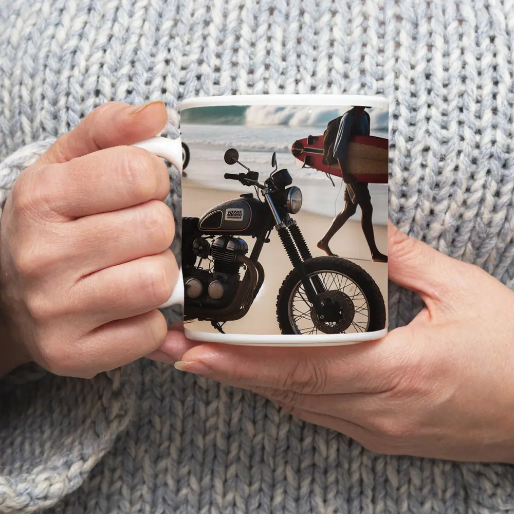 Scrambler Motorcycle Parked on Sunny Beach – Mugs