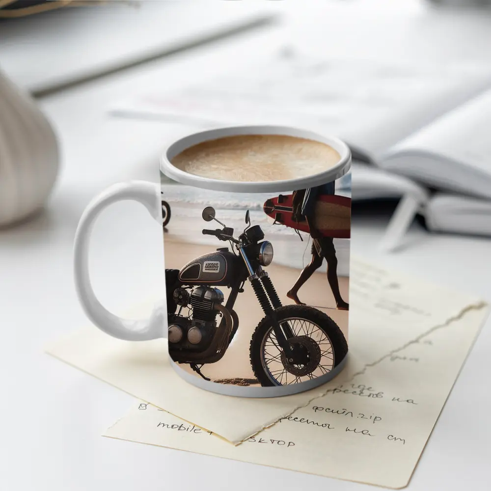 Scrambler Motorcycle Parked on Sunny Beach – Mugs