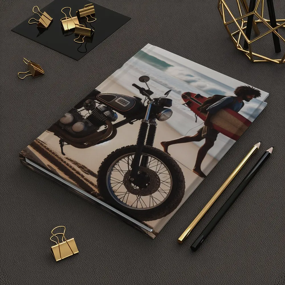 Scrambler Motorcycle Parked on Sunny Beach – Notebooks