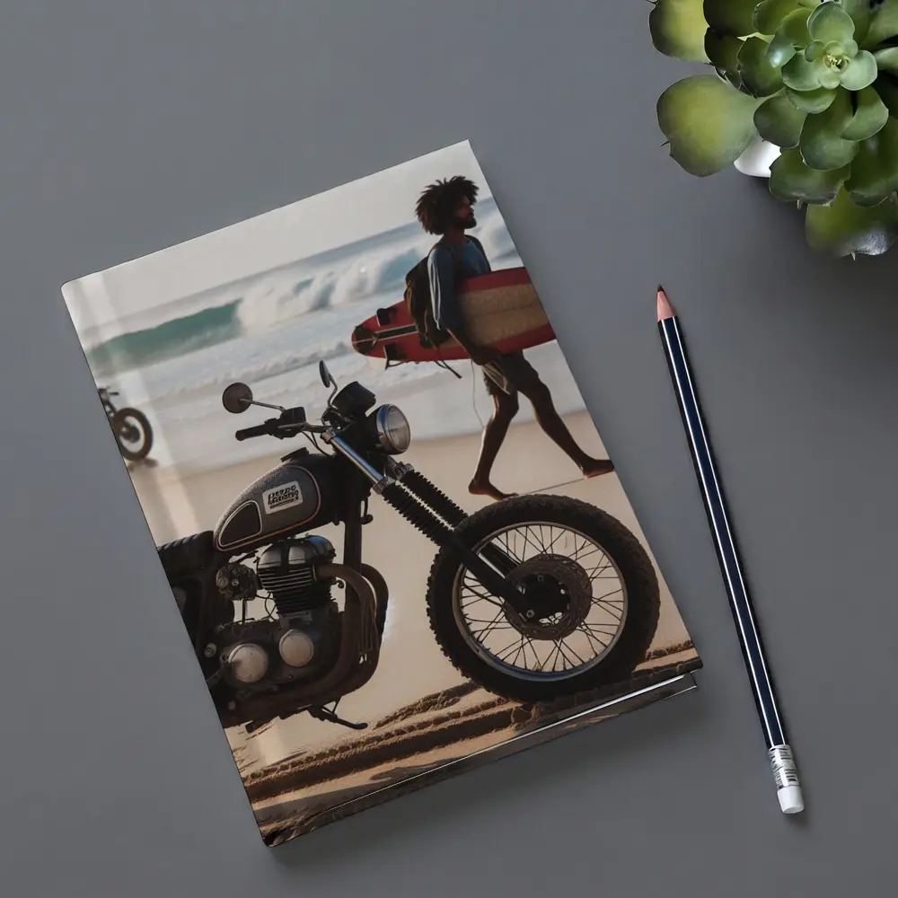Scrambler Motorcycle Parked on Sunny Beach – Notebooks
