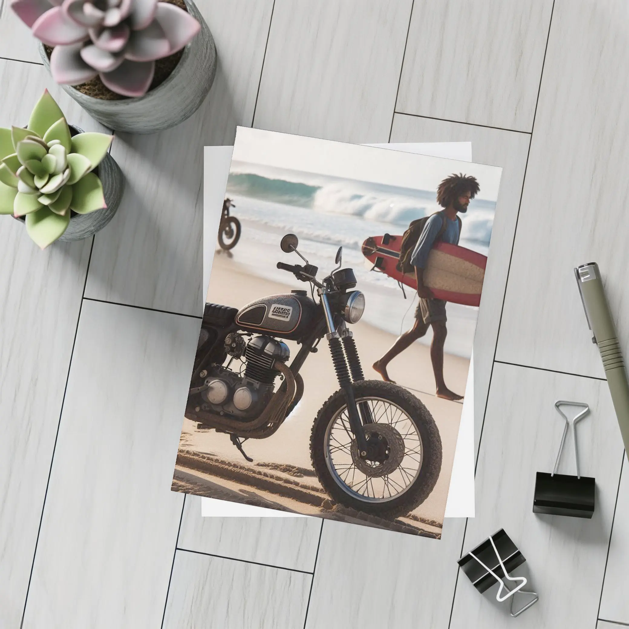 Scrambler Motorcycle Parked on Sunny Beach – Postcards