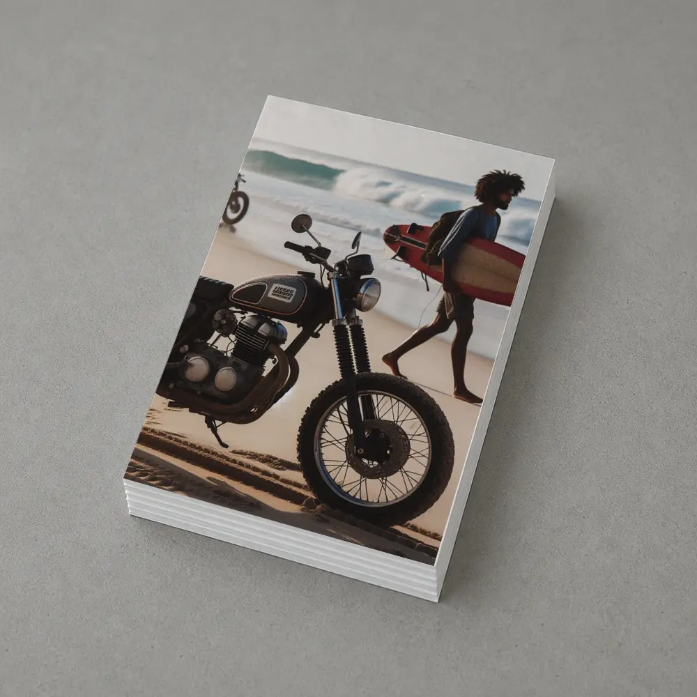 Scrambler Motorcycle Parked on Sunny Beach – Postcards