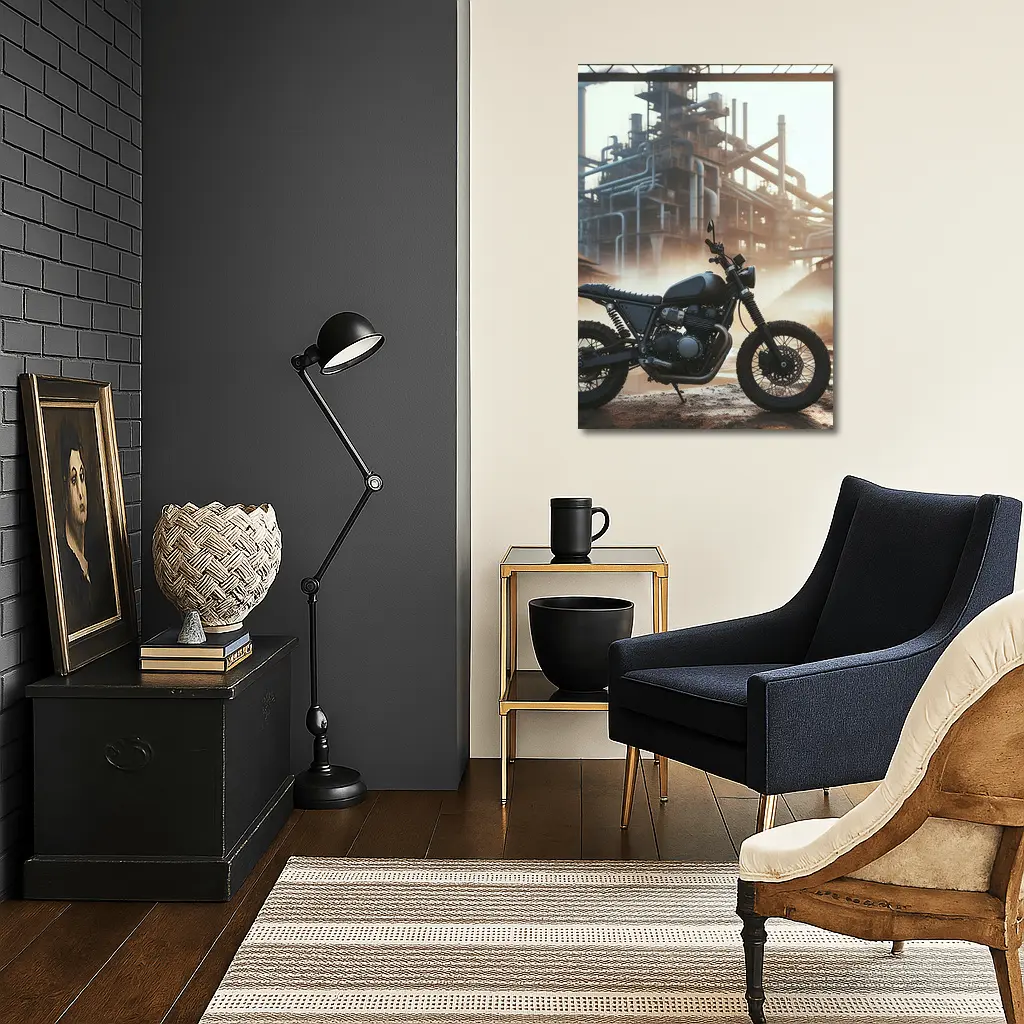 Scrambler Motorcycle Parked At Industrial Facility – Wall Art