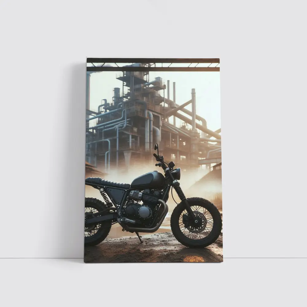 Scrambler Motorcycle Parked At Industrial Facility – Wall Art