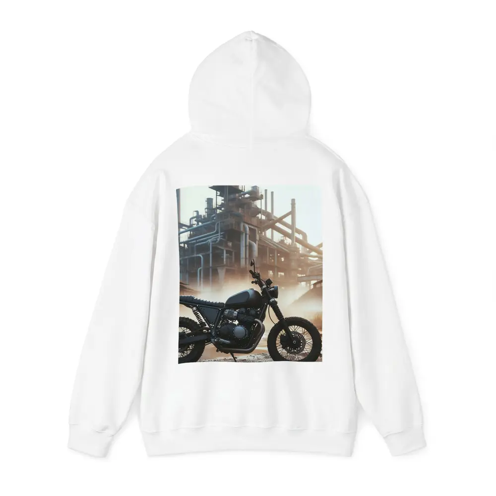 Scrambler Motorcycle Parked At Industrial Facility – Hoodies