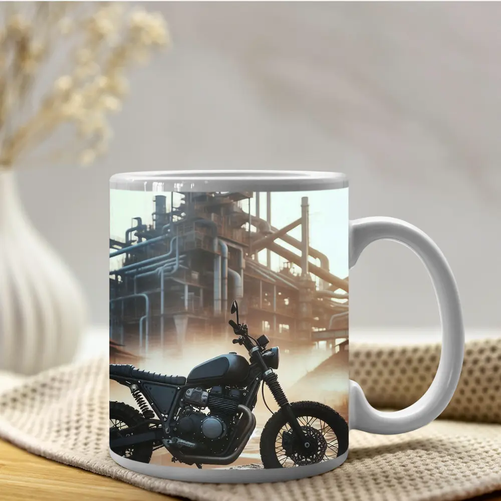 Scrambler Motorcycle Parked At Industrial Facility – Mugs