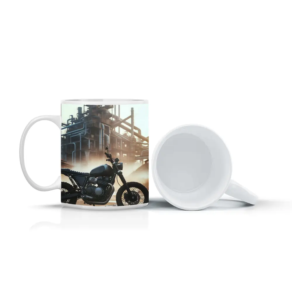 Scrambler Motorcycle Parked At Industrial Facility – Mugs