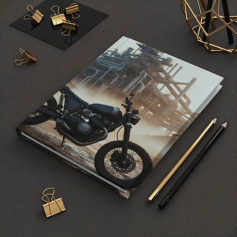 Scrambler Motorcycle Parked At Industrial Facility – Notebooks