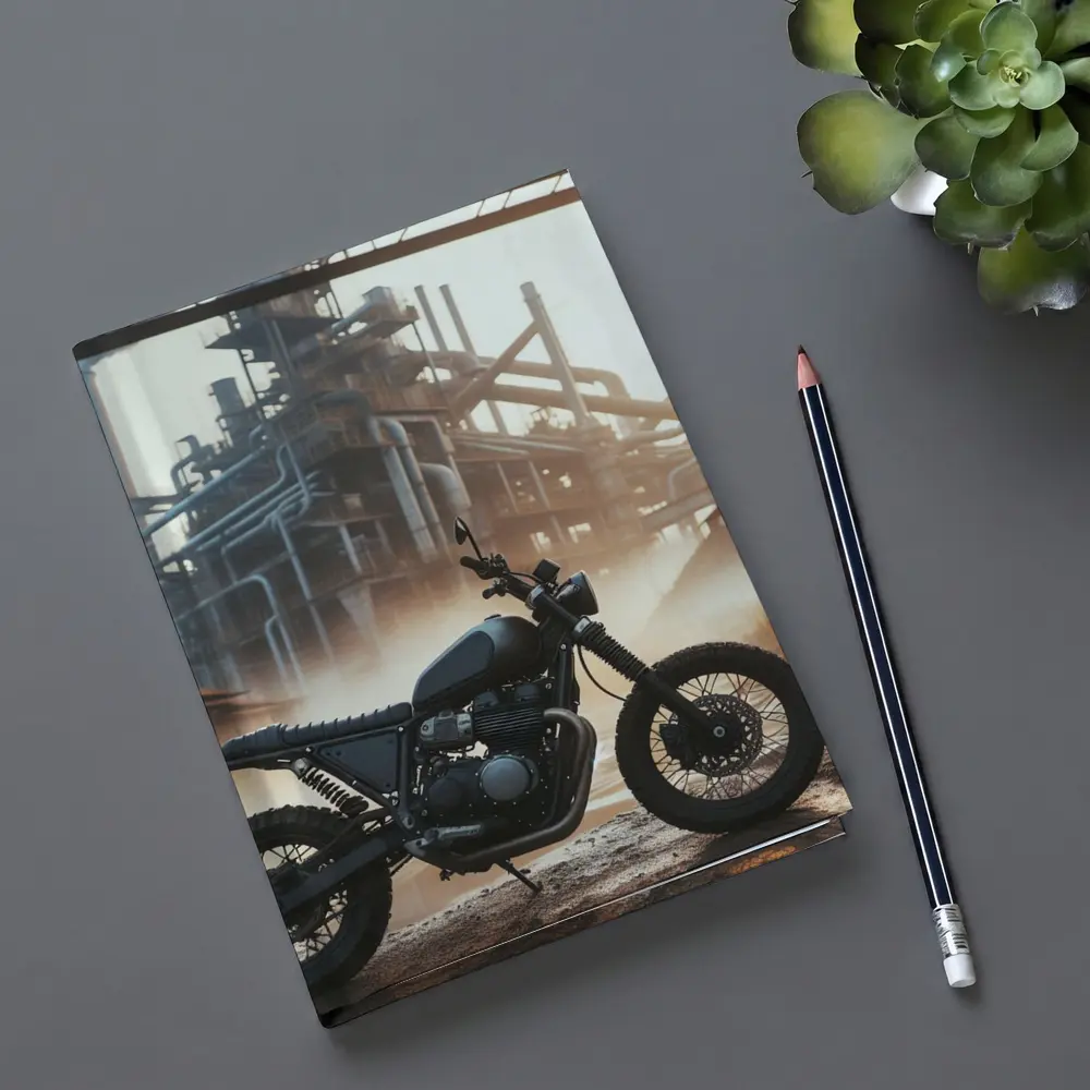Scrambler Motorcycle Parked At Industrial Facility – Notebooks