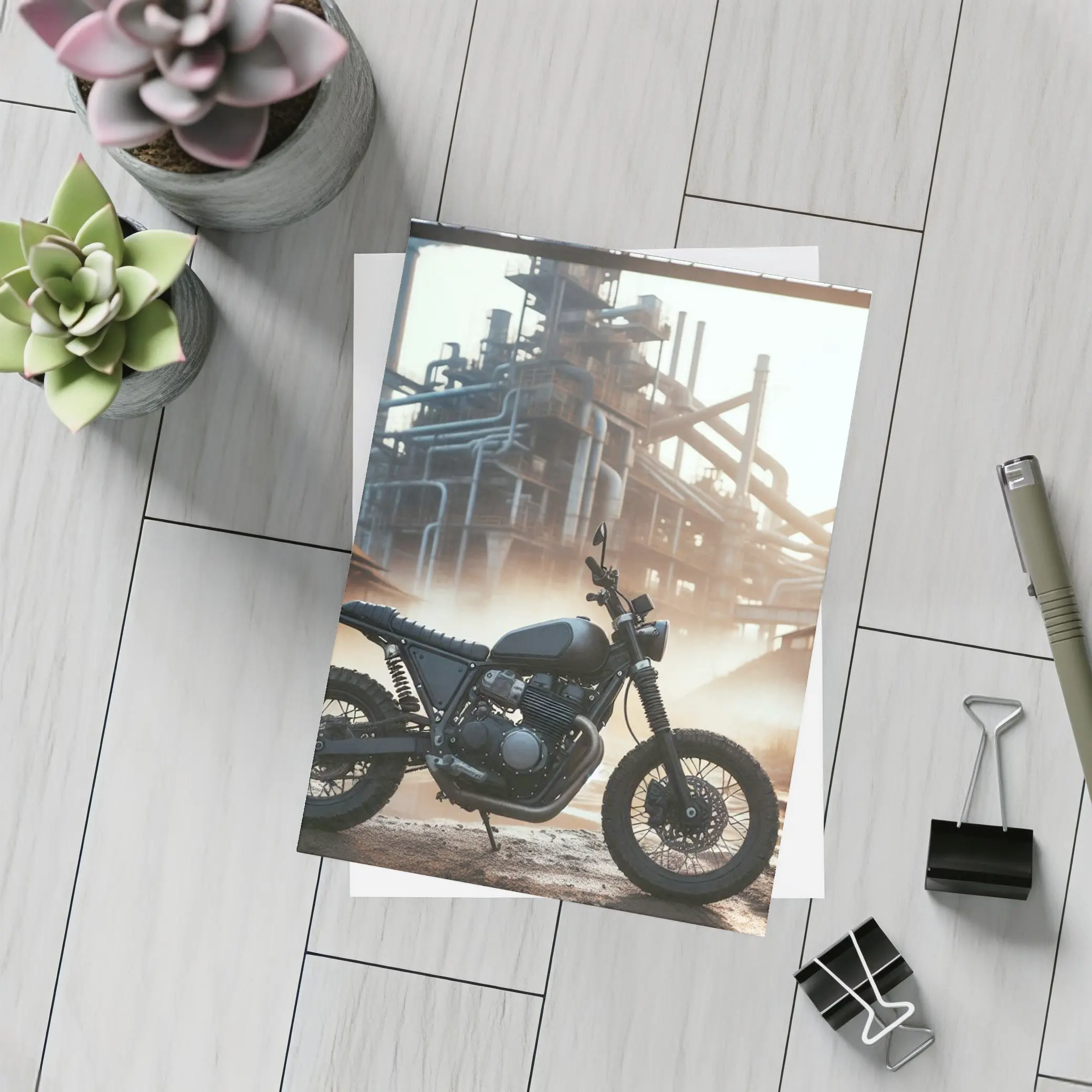 Scrambler Motorcycle Parked At Industrial Facility – Postcards