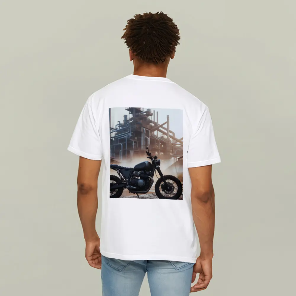 Scrambler Motorcycle Parked At Industrial Facility – T-Shirts
