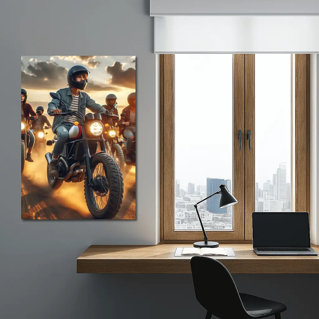 Scrambler Motorcycle Riders Dusty Sunset Road – Wall Art