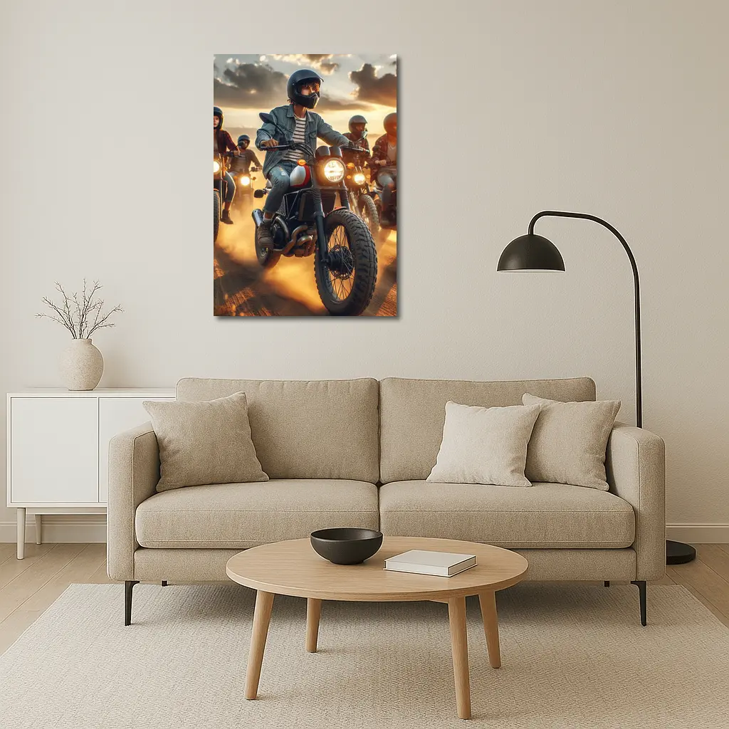 Scrambler Motorcycle Riders Dusty Sunset Road – Wall Art