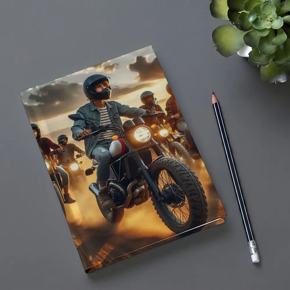 Scrambler Motorcycle Riders Dusty Sunset Road – Notebooks
