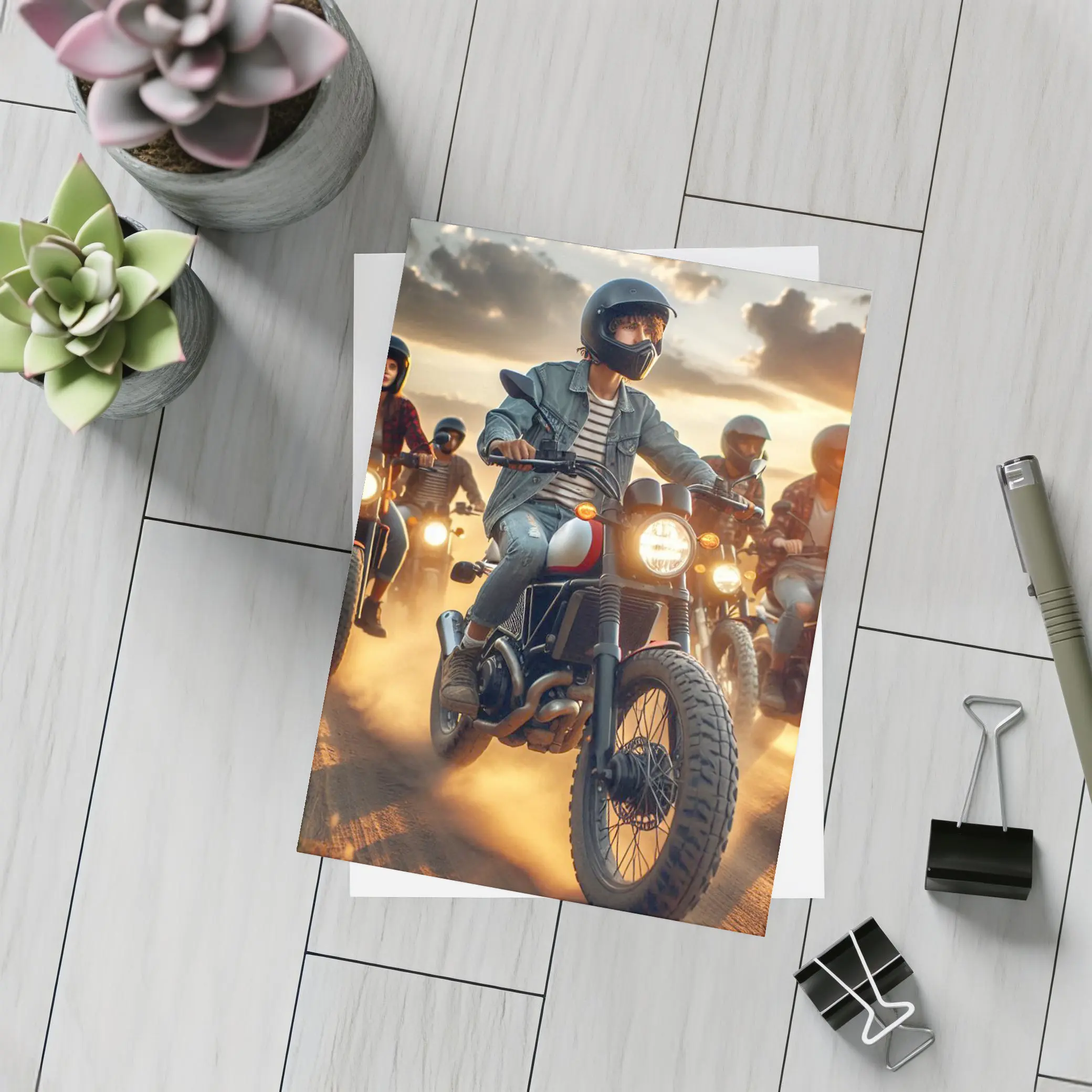 Scrambler Motorcycle Riders Dusty Sunset Road – Postcards